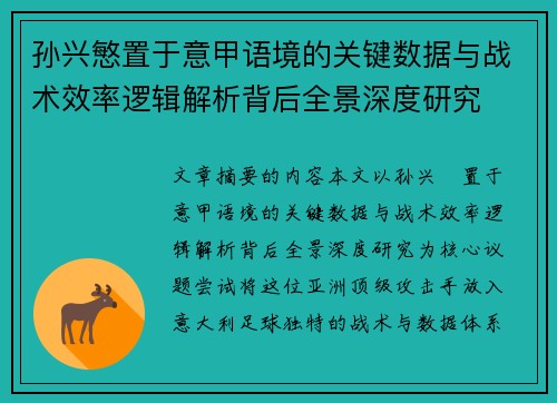 孙兴慜置于意甲语境的关键数据与战术效率逻辑解析背后全景深度研究